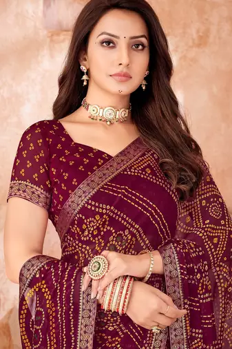 Dark maroon bandhani printed chiffon saree with unstitched blouse