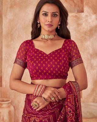 Dark maroon bandhani printed chiffon saree with unstitched blouse 3