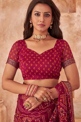 Dark maroon bandhani printed chiffon saree with unstitched blouse