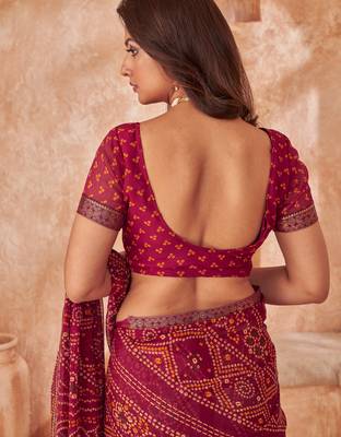 Dark maroon bandhani printed chiffon saree with unstitched blouse 4