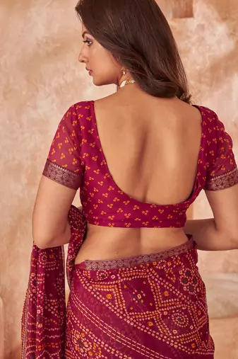 Dark maroon bandhani printed chiffon saree with unstitched blouse