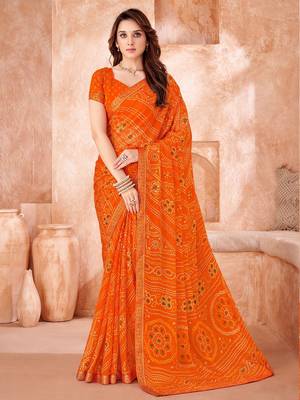 Orange bandhani printed chiffon saree with unstitched blouse 1