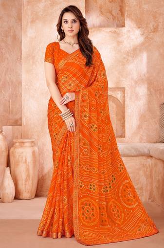 Orange bandhani printed chiffon saree with unstitched blouse