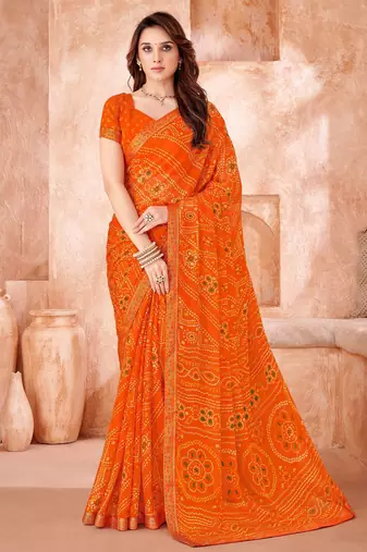 Orange bandhani printed chiffon saree with unstitched blouse