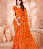 Orange bandhani printed chiffon saree with unstitched blouse