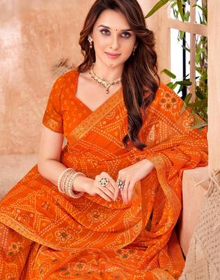 Orange bandhani printed chiffon saree with unstitched blouse 2
