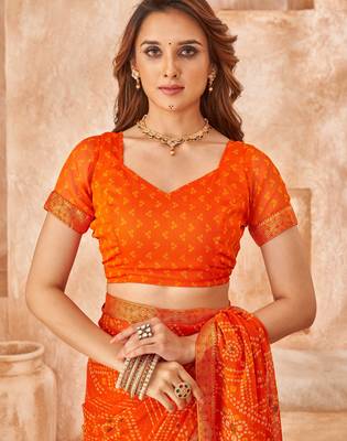 Orange bandhani printed chiffon saree with unstitched blouse 3
