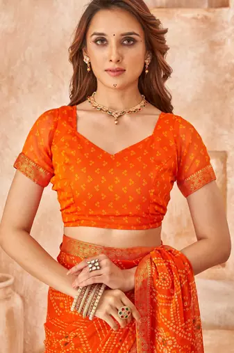 Orange bandhani printed chiffon saree with unstitched blouse