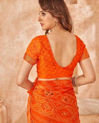 Orange bandhani printed chiffon saree with unstitched blouse 4