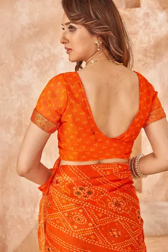 Orange bandhani printed chiffon saree with unstitched blouse