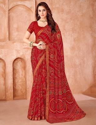 Red bandhani printed chiffon saree with unstitched blouse 1