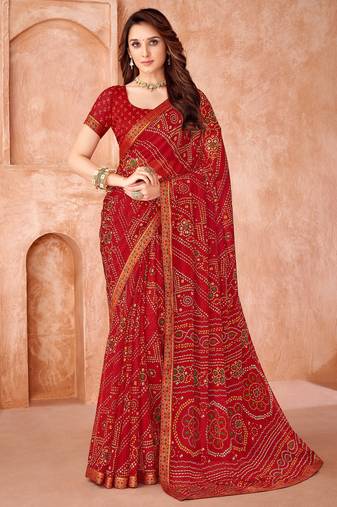 Red bandhani printed chiffon saree with unstitched blouse