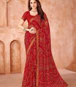 Red bandhani printed chiffon saree with unstitched blouse