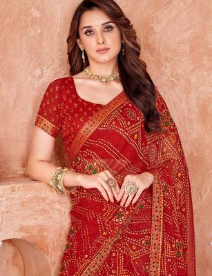 Red bandhani printed chiffon saree with unstitched blouse 2