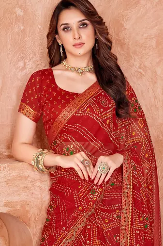 Red bandhani printed chiffon saree with unstitched blouse