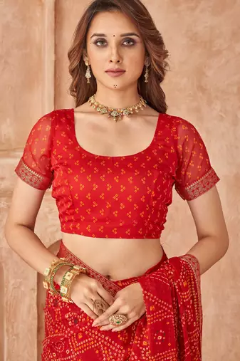 Red bandhani printed chiffon saree with unstitched blouse
