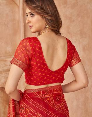 Red bandhani printed chiffon saree with unstitched blouse 4