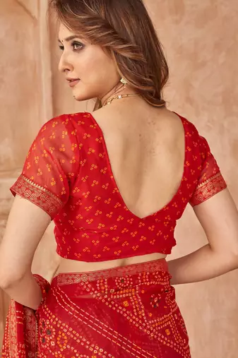 Red bandhani printed chiffon saree with unstitched blouse