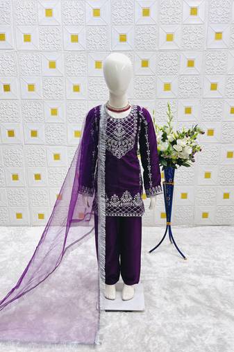 Natural Pure Heavy Creap Silk Embroidery Work Purple Readymade Salwar Suit