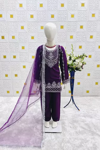 Natural Pure Heavy Creap Silk Embroidery Work Purple Readymade Salwar Suit