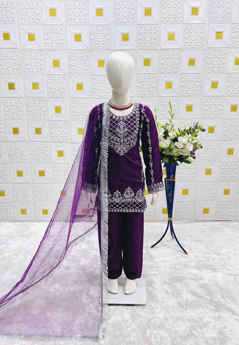 Natural Pure Heavy Creap Silk Embroidery Work Purple Readymade Salwar Suit