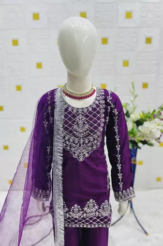 Natural Pure Heavy Creap Silk Embroidery Work Purple Readymade Salwar Suit