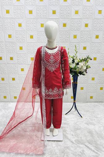 Natural Pure Heavy Creap Embroidery Work Red Readymade Salwar Suit