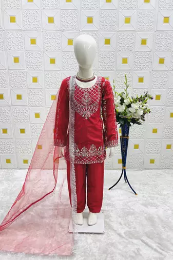 Natural Pure Heavy Creap Embroidery Work Red Readymade Salwar Suit