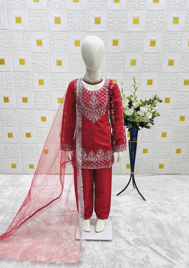 Natural Pure Heavy Creap Embroidery Work Red Readymade Salwar Suit