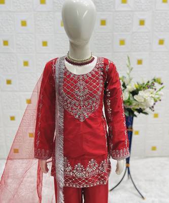 Natural Pure Heavy Creap Embroidery Work Red Readymade Salwar Suit 3