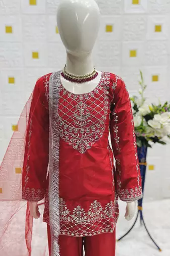 Natural Pure Heavy Creap Embroidery Work Red Readymade Salwar Suit