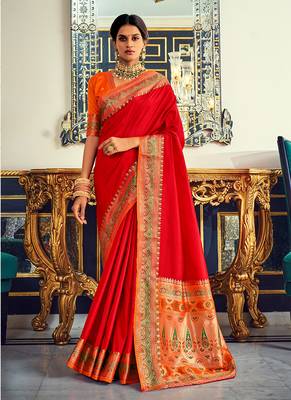 Dark red soft silk party wear designer saree 1