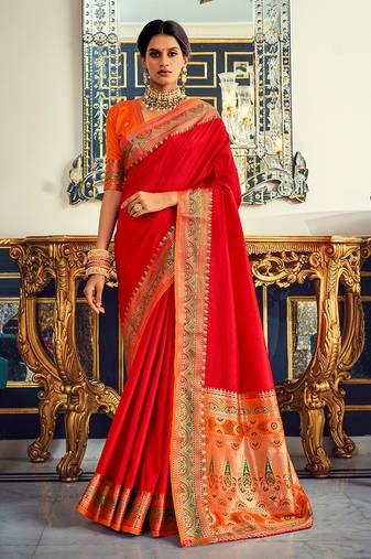 Dark red soft silk party wear designer saree