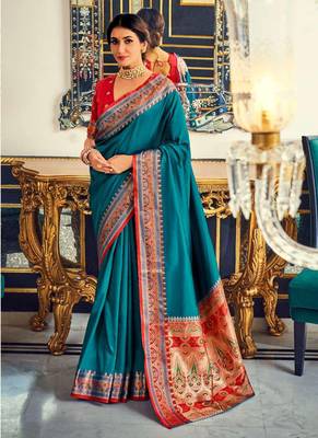 Aqua blue soft silk party wear designer saree 1