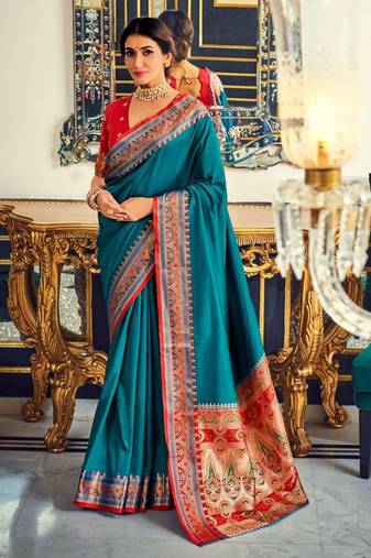 Aqua blue soft silk party wear designer saree