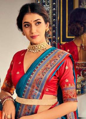 Aqua blue soft silk party wear designer saree 2