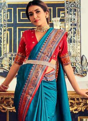 Aqua blue soft silk party wear designer saree 3
