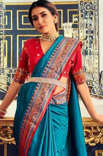 Aqua blue soft silk party wear designer saree