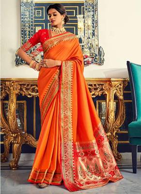 Orange soft silk party wear designer saree 1