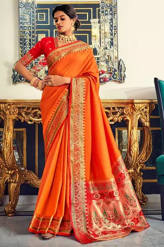 Orange soft silk party wear designer saree