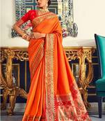 Orange soft silk party wear designer saree