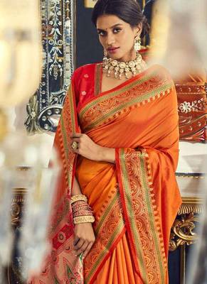 Orange soft silk party wear designer saree 2