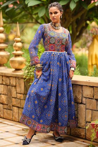 Women Gorgeous Bandhani Printed Faux Georgette Fabric Flared Gown