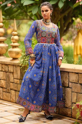 Women Gorgeous Bandhani Printed Faux Georgette Fabric Flared Gown