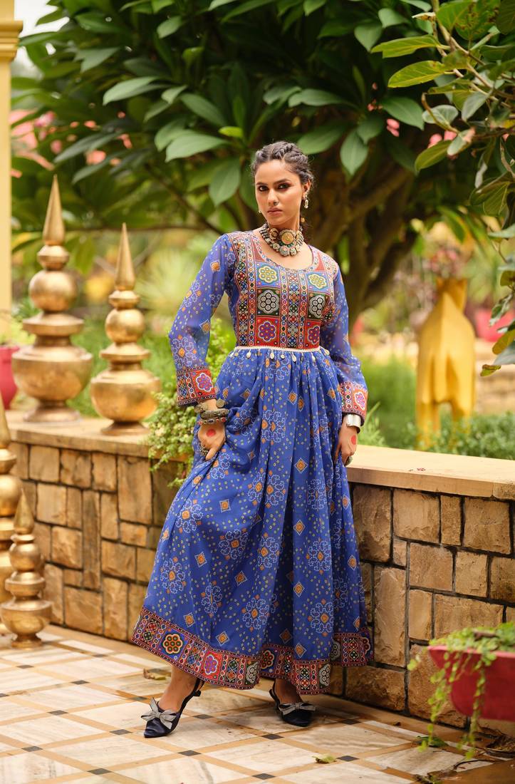 Women Gorgeous Bandhani Printed Faux Georgette Fabric Flared Gown