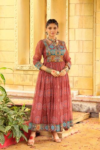 Women Gorgeous Bandhani Printed Faux Georgette Fabric Flared Gown