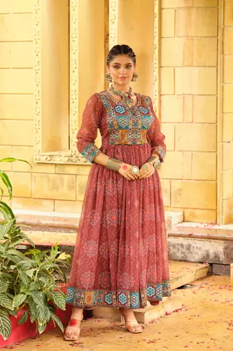 Women Gorgeous Bandhani Printed Faux Georgette Fabric Flared Gown