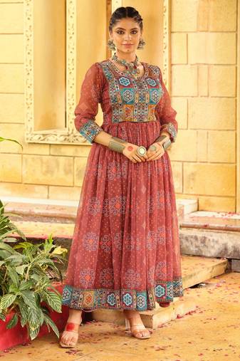 Women Gorgeous Bandhani Printed Faux Georgette Fabric Flared Gown