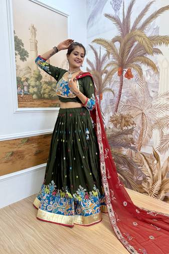 Mehendi Embroidered Rayon Full Stitched with Flared Lehenga Choli