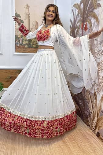white Embroidered Georgette Full Stitched with Flared Lehenga Choli